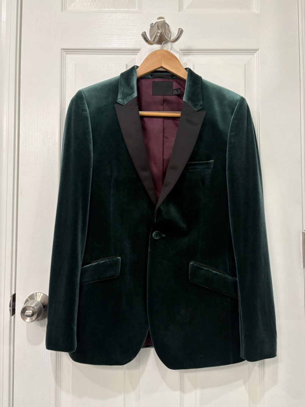 ASOS Dark Green Velvet Tuxedo Jacket with Black Satin Lapels
